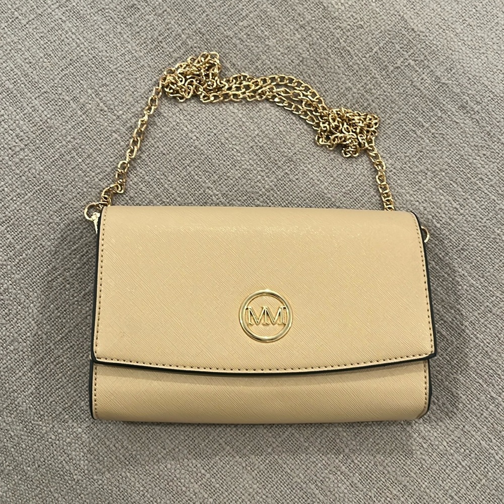 NWOT! MM Couture Beige Clutch with gold chain